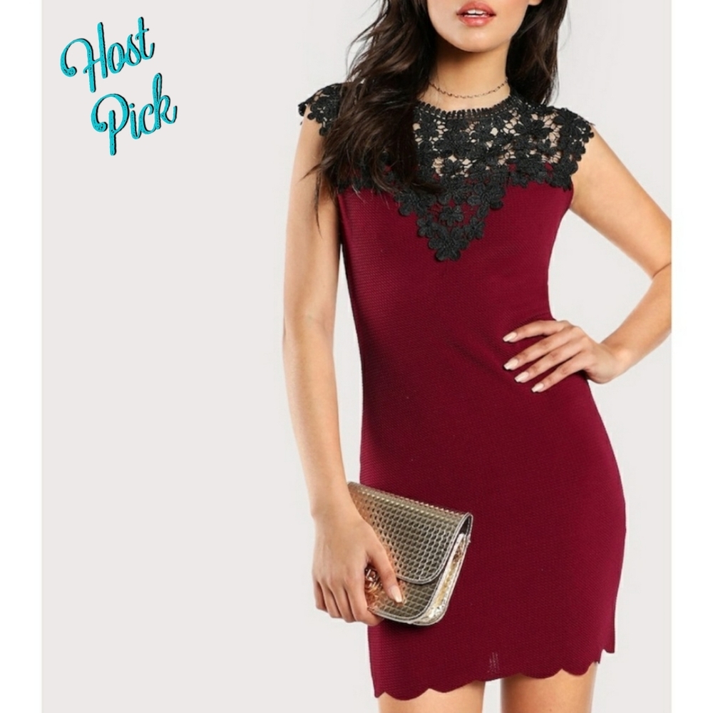 HP - Contrast Guipure Lace Shoulder Fitted Dress
